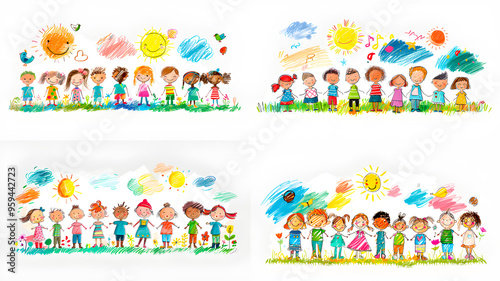 Fun cartoon style colorful greeting card with happy family celebrating with balloons and decorations on white background.