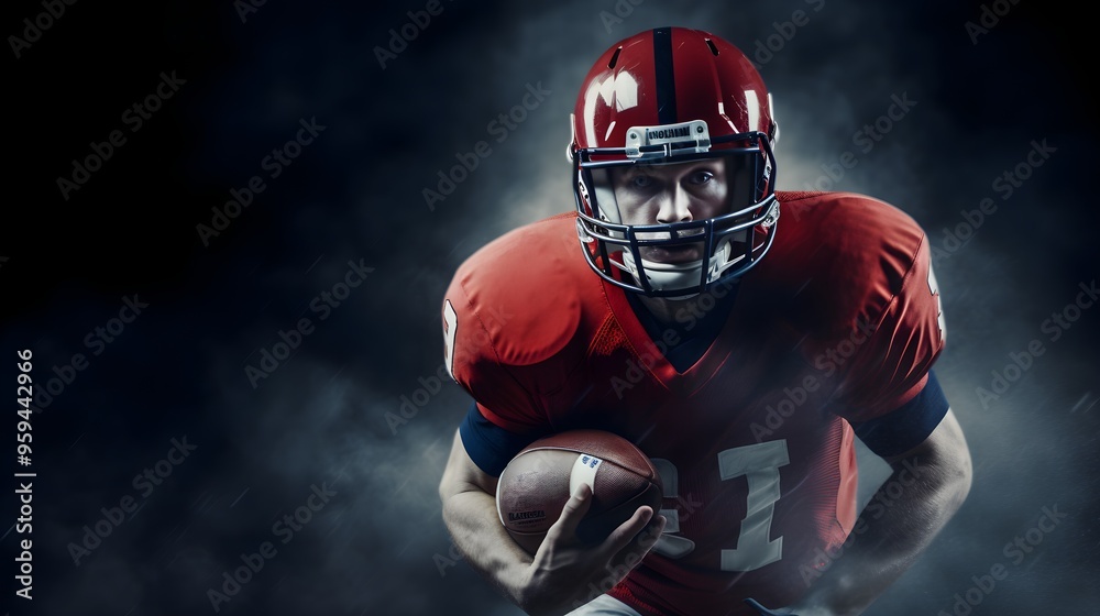American Football Player in Red Jersey and Helmet Holding Ball with Smoke Background American Football Player in Red Jersey and Helmet Holding Ball with Smoke Background