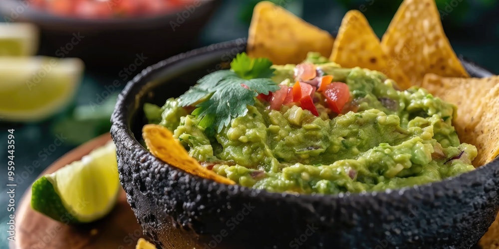 Spicy Plant-Based Guacamole as a Traditional Dip Served with Tortilla Chips Spicy Plant-Based Guacamole as a Traditional Dip Served with Tortilla Chips
