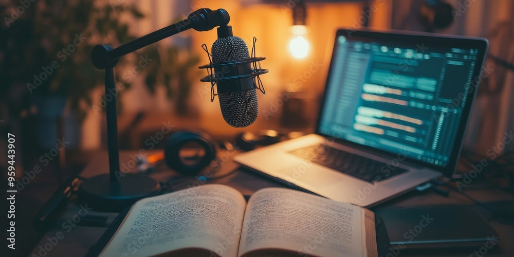 Close-up of a microphone, an open book, and a laptop on a desk in a home studio. Close-up of a microphone, an open book, and a laptop on a desk in a home studio.