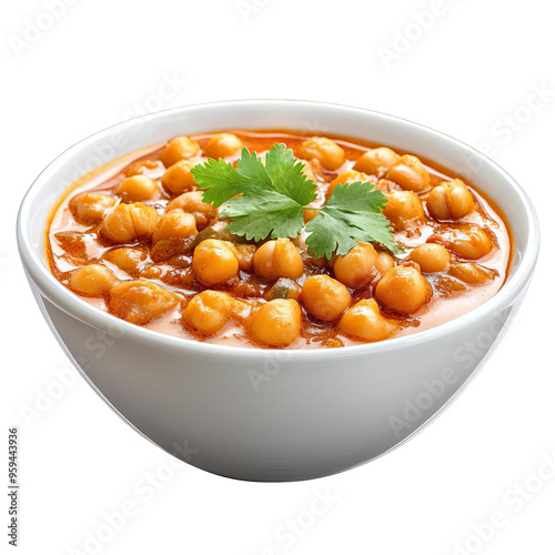 A delicious bowl of chickpea curry garnished with fresh cilantro leaves, a flavorful and healthy vegetarian dish in a white bowl.