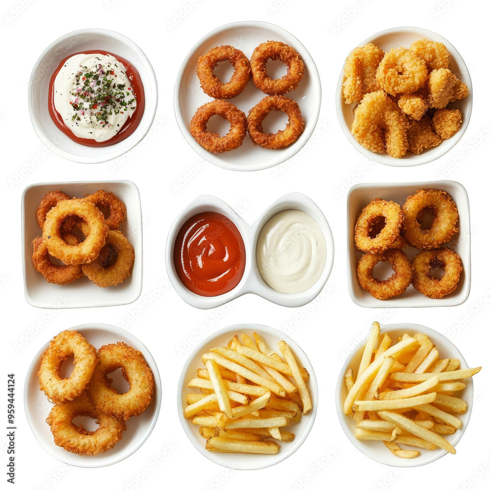 Assorted fried snacks including onion rings, French fries, and dipping sauces arranged in a grid on white bowls. Assorted fried snacks including onion rings, French fries, and dipping sauces arranged in a grid on white bowls.