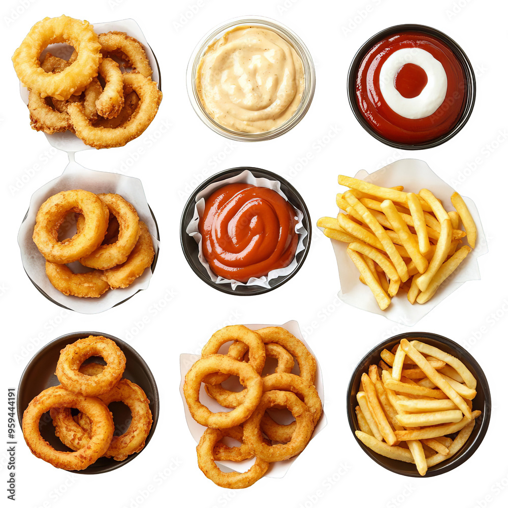 Assorted fried snacks including onion rings and fries with various dipping sauces on a white background. Assorted fried snacks including onion rings and fries with various dipping sauces on a white background.