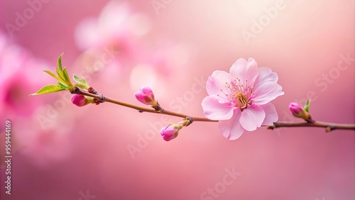 Pink flower in focus on branch against solid pink background with blurred background highlighting the flower