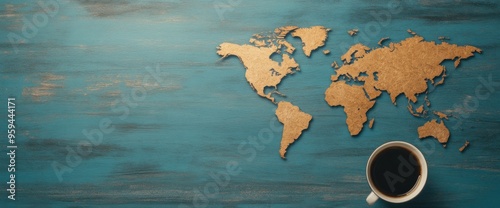 A coffee cup sits on a table with a map of the world in the background