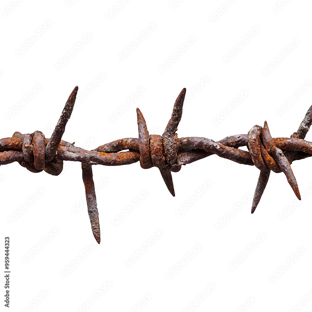 Close-up image of rusted barbed wire. Isolated on a white background, showcasing sharp edges and aged texture. Perfect for industrial themes. Close-up image of rusted barbed wire. Isolated on a white background, showcasing sharp edges and aged texture. Perfect for industrial themes.