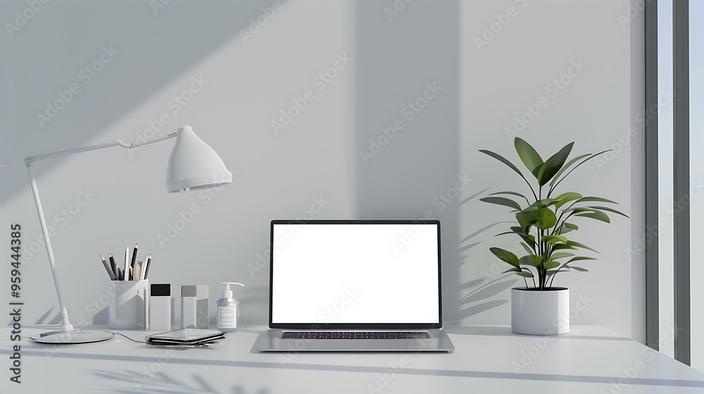 Fototapeta premium mockup laptop computer with supplies on white top table in white room