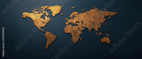 A gold colored map of the world is displayed on a blue background