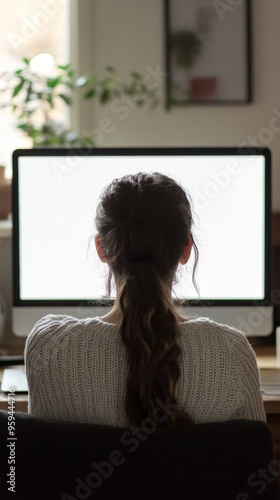 Young Woman's Digital Freedom: Over-the-Shoulder View of Female Using Laptop with Blank White Screen at Home. Abstract Marketing Visual Celebrating Cultural Inclusivity and Personal Empowerment. End-o Free Download Young Woman's Digital Freedom: Over-the-Shoulder View of Female Using Laptop with Blank White Screen at Home. Abstract Marketing Visual Celebrating Cultural Inclusivity and Personal Empowerment. End-o - GFXLoad