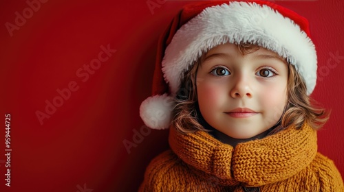 Adorable Child Wearing Santa Hat and Cozy Sweater in Festive Christmas Portrait photo