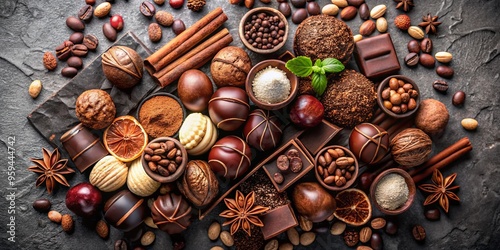 Assortment of decadent chocolates and sweets displayed on a stone background, with a mix of dark and milk chocolate, beans, and spices like cinnamon