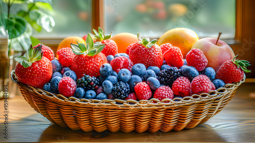 A basket full of ripe strawberries and other fresh summer berries sits on a windowside table. photo