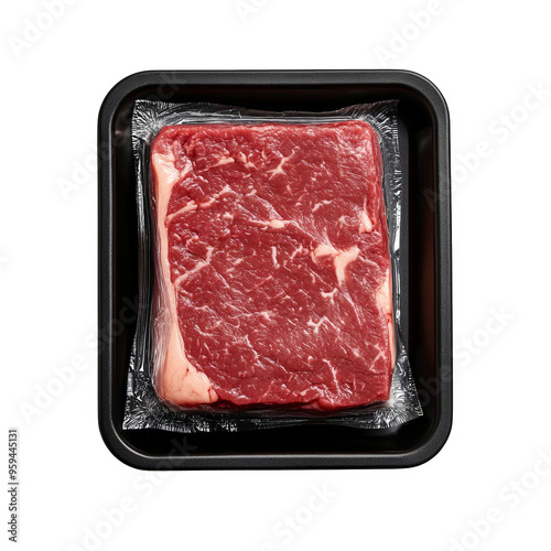 Fresh cut of raw marbled beef steak sealed in plastic packaging on black tray, ready for cooking, isolated on white background. photo