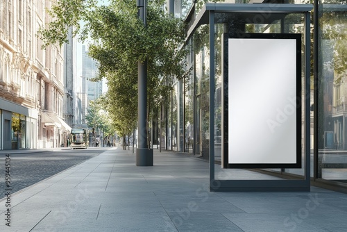 Blank billboard on city street with glass building in background.