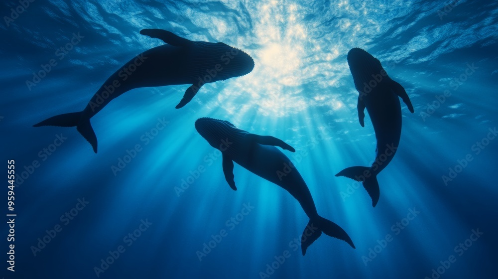 Three humpback whales gracefully swimming in the deep ocean as rays of ...