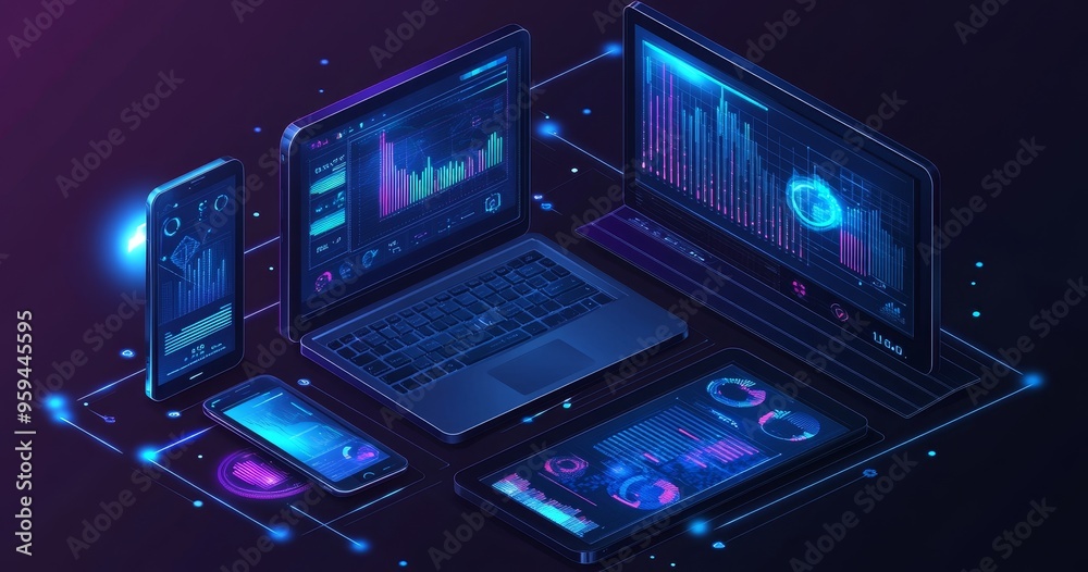 Isometric illustration of multiple devices connected with each other, displaying data and charts. Isometric illustration of multiple devices connected with each other, displaying data and charts.