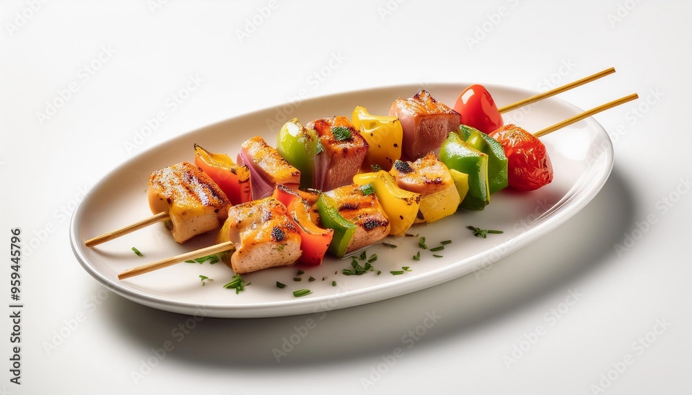 Yakitori on white plate with white background isolated Yakitori on white plate with white background isolated