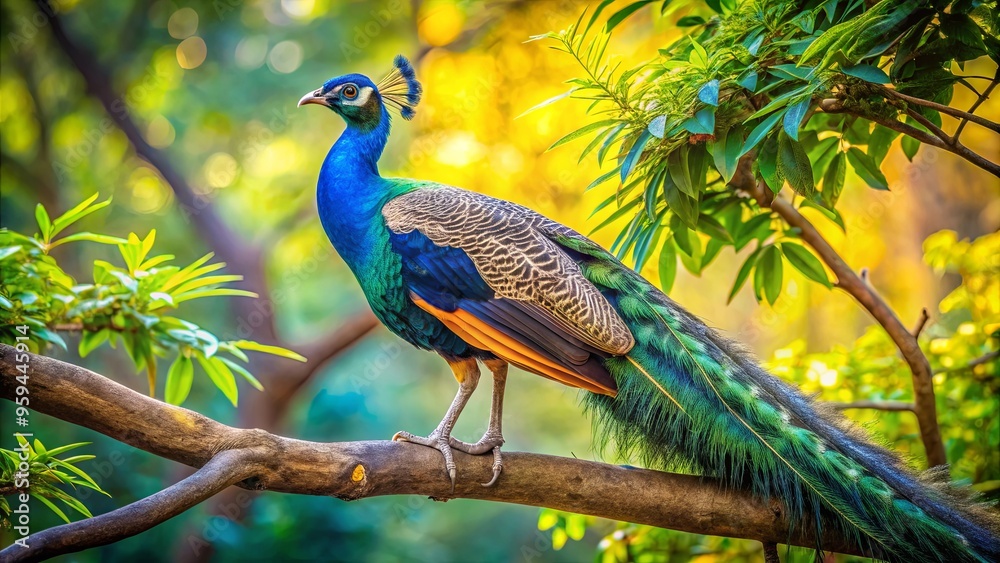 Obraz premium Vibrant peacock perched on lush tree branch surrounded by foliage, with soft blurred backdrop