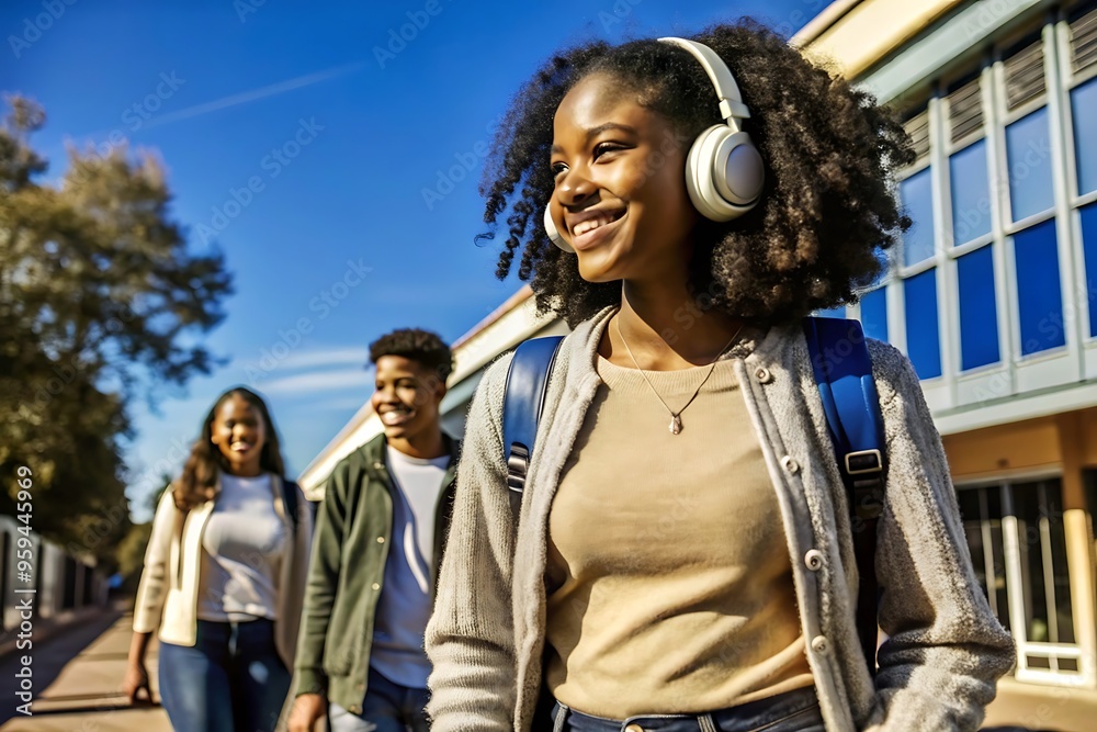 Naklejka premium Happy teenage girl in headphones walking with friends.