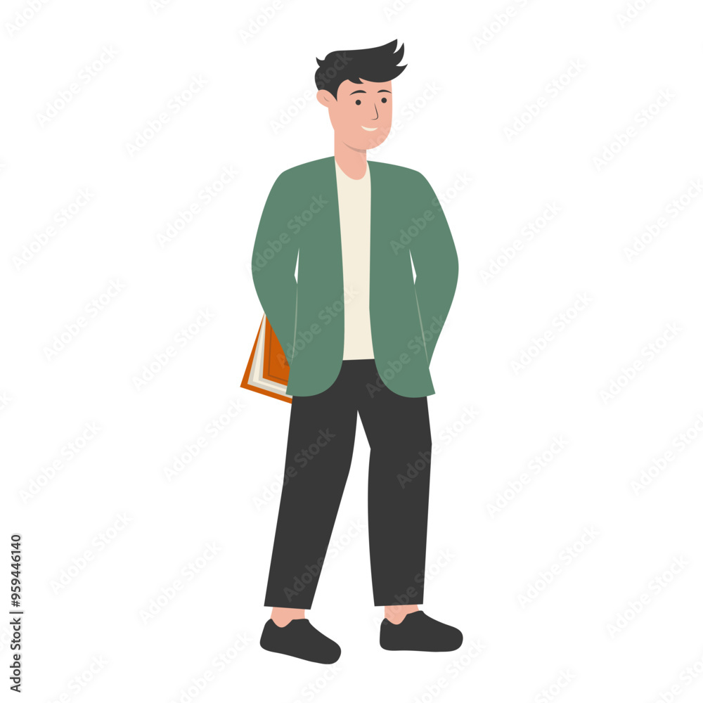 Teacher Staff Character While Holding a Book. Isolated on White Background. Flat Vector Illustration