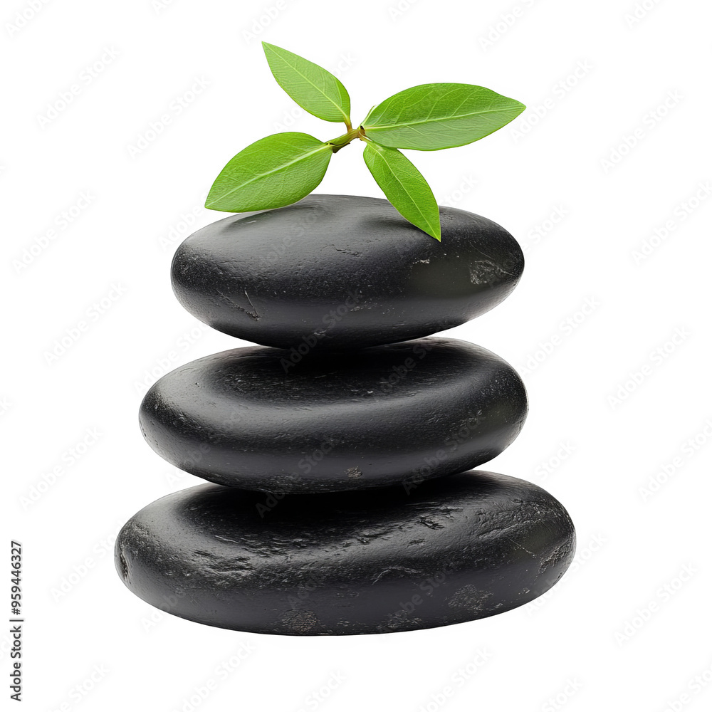 Stacked black stones with green leaves against a white background, symbolizing balance, relaxation, and nature. Stacked black stones with green leaves against a white background, symbolizing balance, relaxation, and nature.