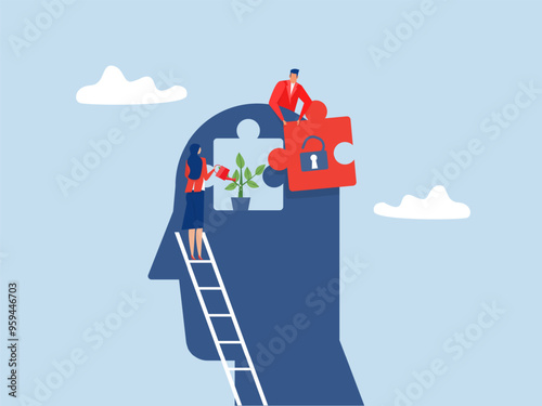 businessman out of jigsaw fix mindset from human with improve or develop ideas growth mindset on the head human concept vector illustrator