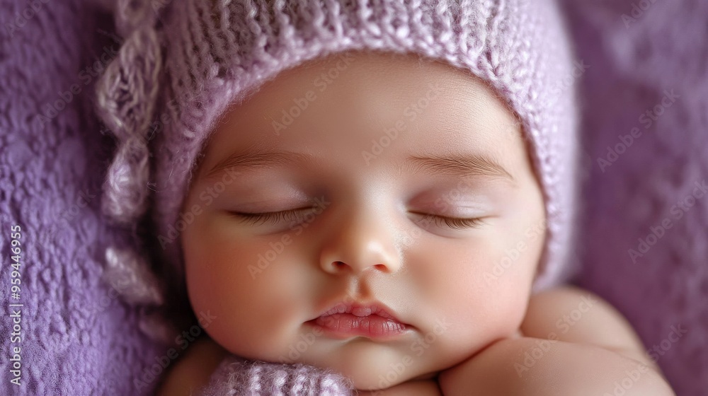 Serene Newborn Sleeping Portrait in Pastel Lavender Light Serene Newborn Sleeping Portrait in Pastel Lavender Light