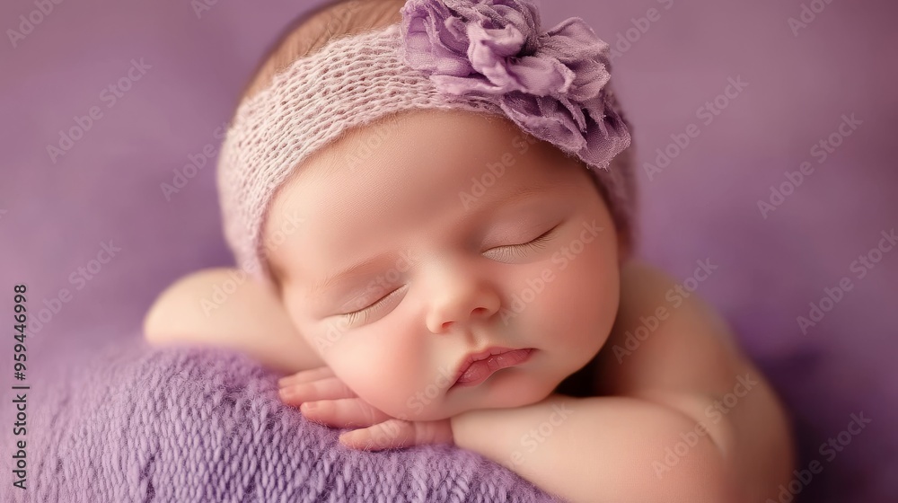 Serene Close-up of Newborn Sleeping on Pastel Lavender Background Serene Close-up of Newborn Sleeping on Pastel Lavender Background
