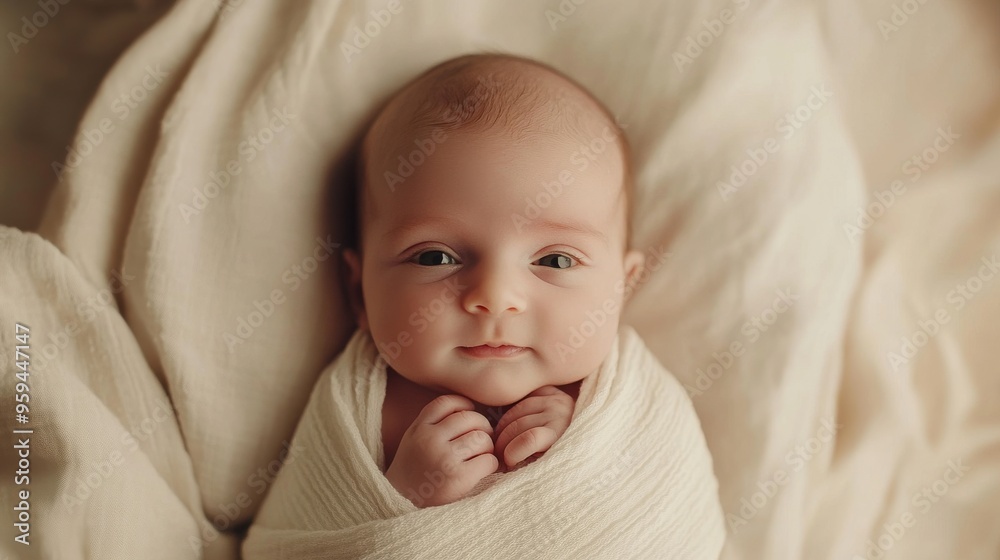 Serene Newborn in Swaddle: Cozy Baby with Tiny Hands in Soft Lighting on Beige Background, Intimate Infant Moment Serene Newborn in Swaddle: Cozy Baby with Tiny Hands in Soft Lighting on Beige Background, Intimate Infant Moment