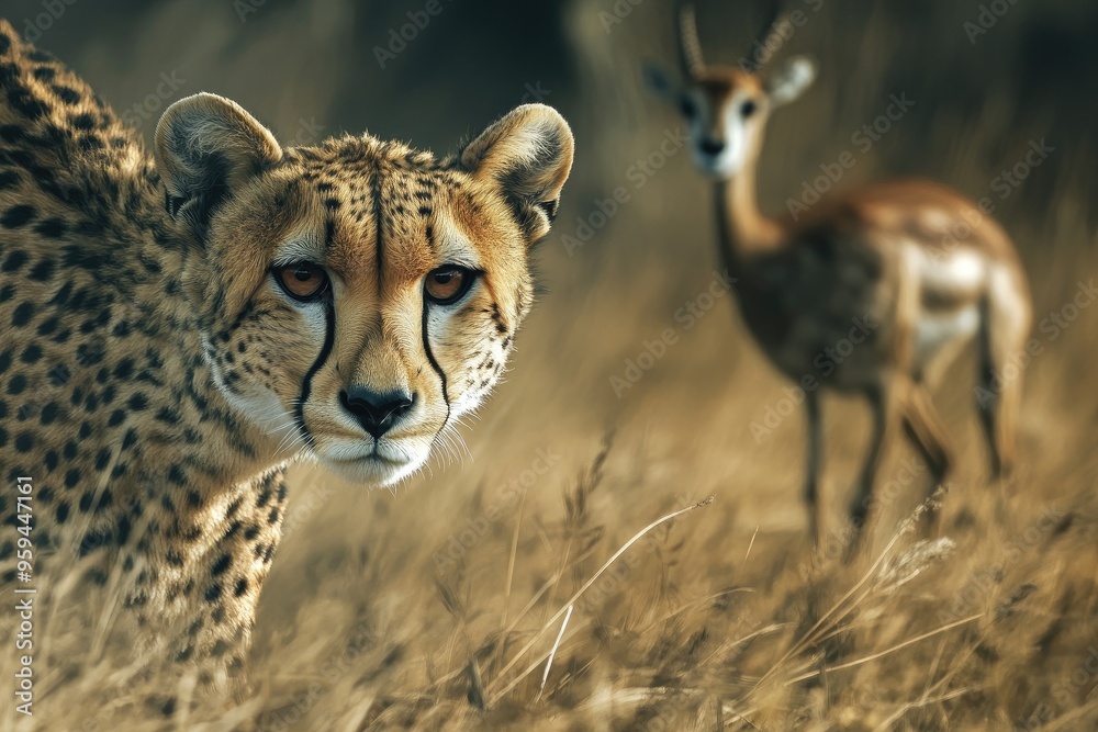 Obraz premium A captivating moment in the wild, featuring a cheetah closely observing an antelope amidst golden grass.