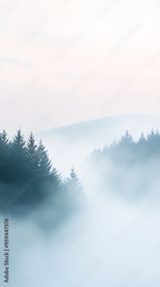 A serene landscape of misty trees in the early morning light, creating a tranquil atmosphere of nature and calm.