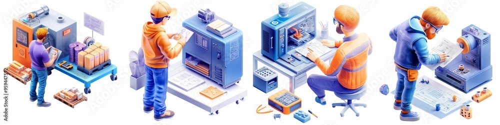 Engineers operating advanced 3D printers in a modern workshop, focusing on precision manufacturing and high-quality product creation. Engineers operating advanced 3D printers in a modern workshop, focusing on precision manufacturing and high-quality product creation.
