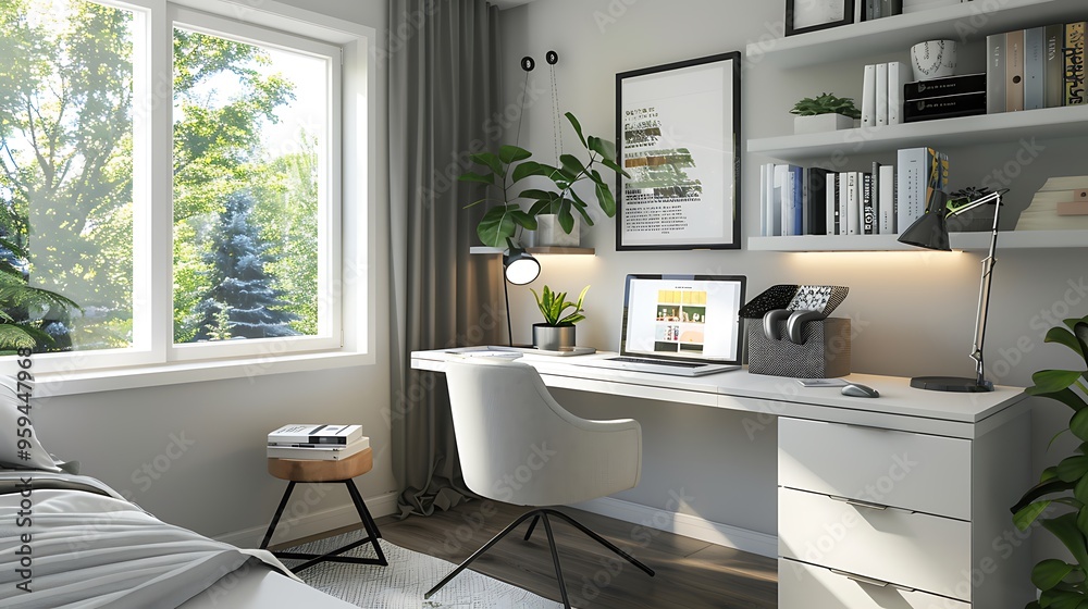 Fototapeta premium Modern home office with white desk laptop and headphones