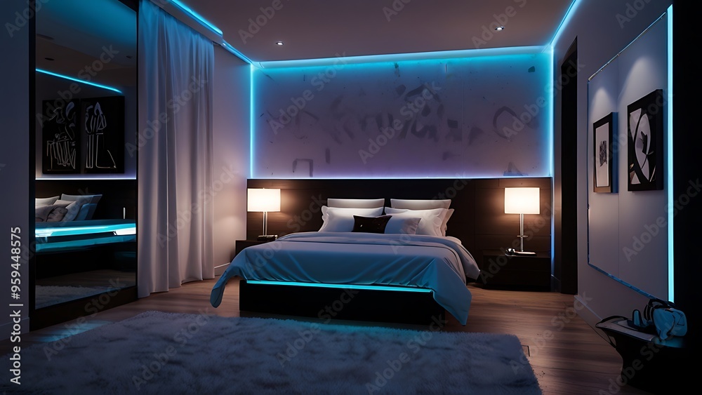 modern living room interior design with neon light . perfect for gaming ...