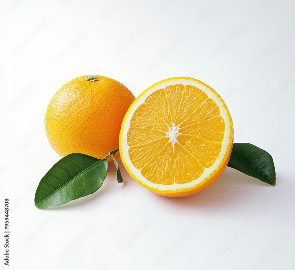 A whole orange and a half orange with green leaves on a white background. A whole orange and a half orange with green leaves on a white background.