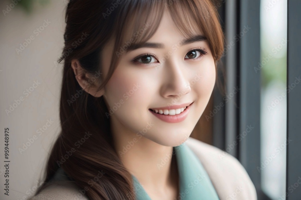 Closeup photo portrait of a beautiful young asian model woman smiling with clean teeth Closeup photo portrait of a beautiful young asian model woman smiling with clean teeth