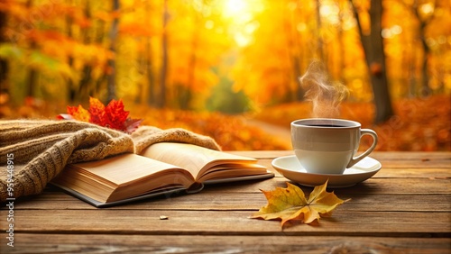 Cozy autumn vibes with a warm cup of coffee and a good book on a wooden table