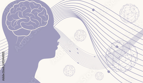 Profile of the head of a man. Brochure template. Mental health and artificial intelligence relative design. Scientific medical background. Connected lines with dots.