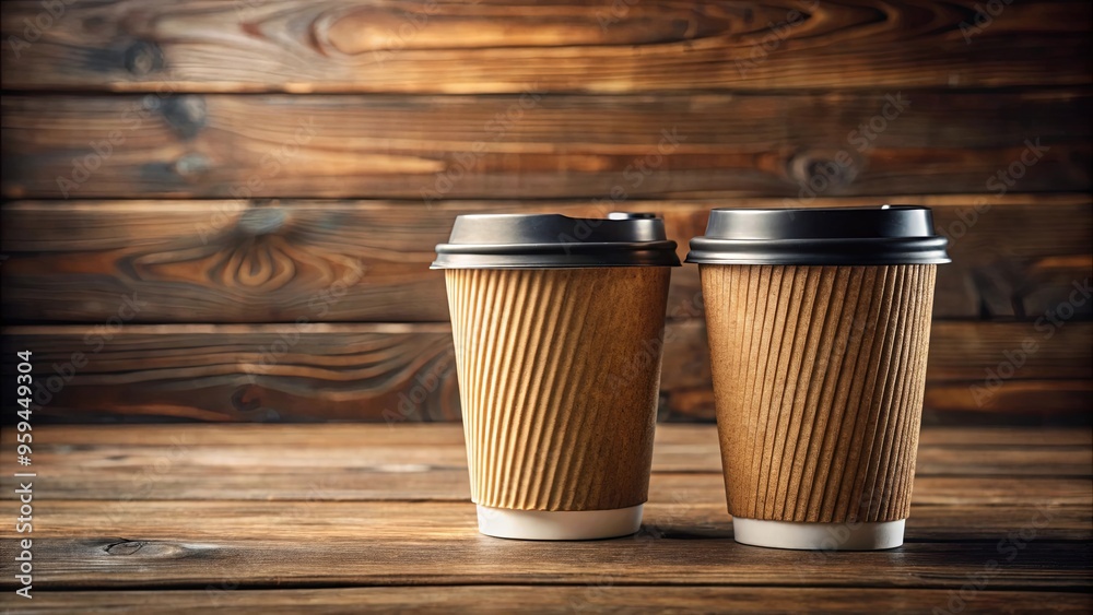 Two takeaway coffee cups on wooden table, inviting warmth and comfort Two takeaway coffee cups on wooden table, inviting warmth and comfort