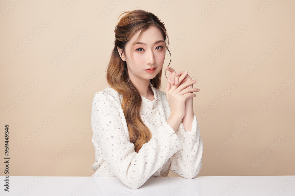 Beautiful young asian woman with clean fresh skin on beige background, Face care, Facial treatment, Cosmetology, beauty and spa, Asian women portrait. Beautiful young asian woman with clean fresh skin on beige background, Face care, Facial treatment, Cosmetology, beauty and spa, Asian women portrait.