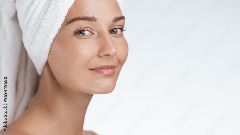 Confident Woman with Fresh Skin and Towel Turban Smiling After Skincare Routine Confident Woman with Fresh Skin and Towel Turban Smiling After Skincare Routine