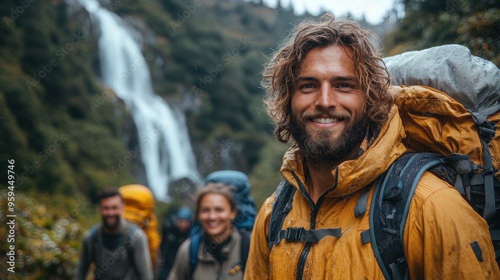 Group of smiling friends hiking in New Zealand with a stunning waterfall in the background, capturing an adventurous outdoor travel experience in nature.

