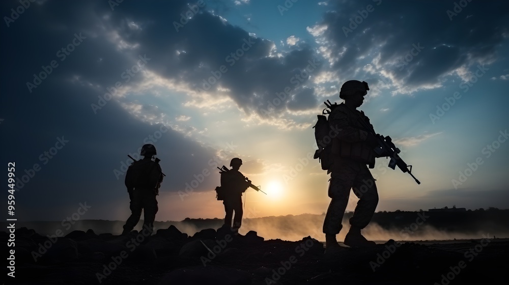 Obraz premium Silhouettes of Soldiers at Sunset with Weapons