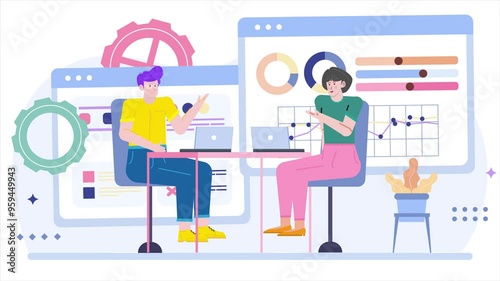 Creative team analyzing business data on laptops in a modern workspace with charts and graphs illustration business animated video