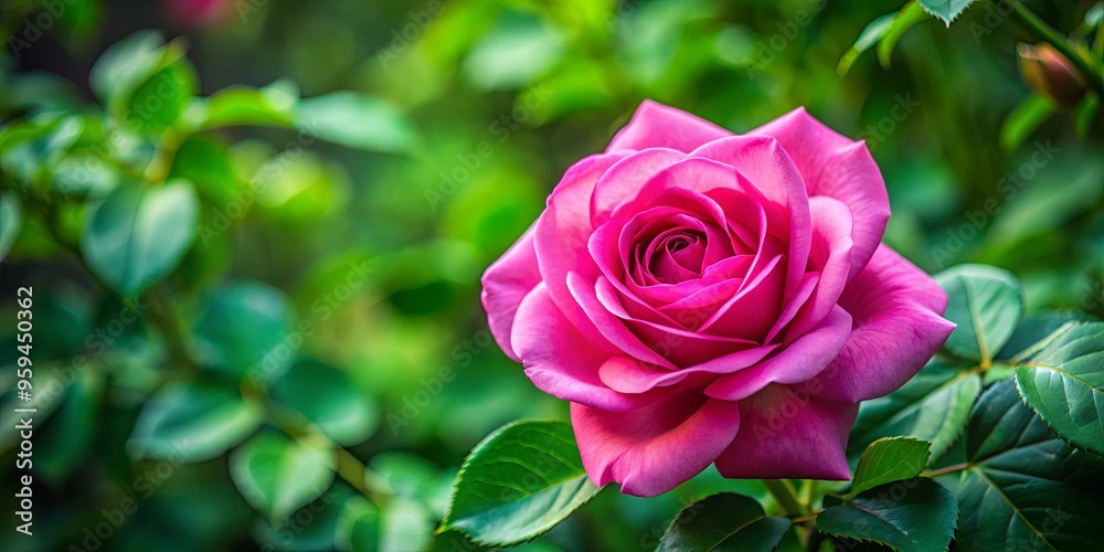 Pink rose with vibrant green leaves in sharp focus, surrounded by blurred foliage background