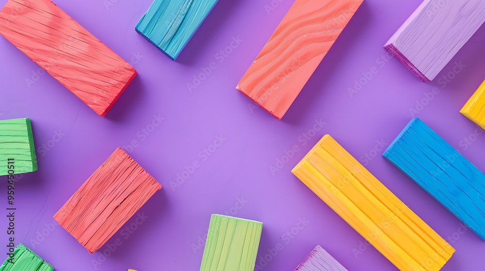 Multi colored wooden pieces isolated on purple and pink background Multi colored wooden pieces isolated on purple and pink background