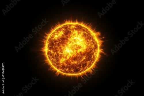 A close-up of the sun, a bright, yellow, and orange celestial body, with a fiery surface and glowing corona, isolated against a black background. photo