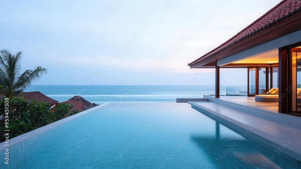 Fototapeta premium A serene infinity pool overlooking the ocean, framed by tropical architecture and lush greenery, perfect for relaxation and escape.