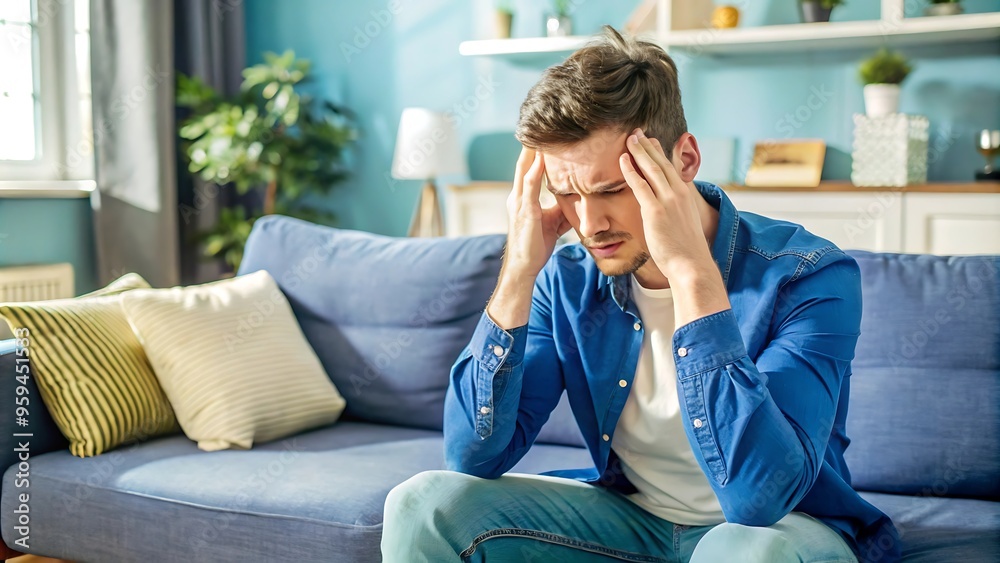 Man suffering from headache sitting on couch. Man suffering from headache sitting on couch.