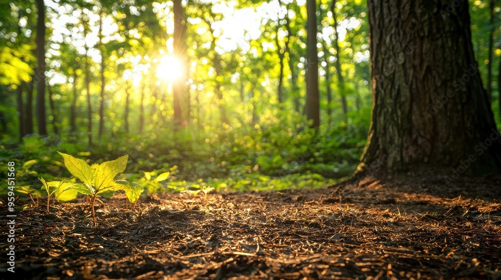 Fototapeta premium Sunlight Through Trees in Forest With Green Saplings
